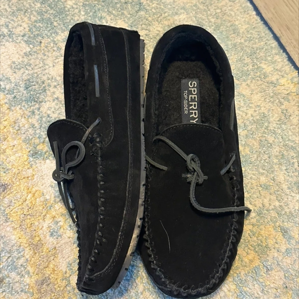 Sperry Brandon 1 Eye Mens Slippers Sz 11 Black Suede Slip On Comfort Casual New.